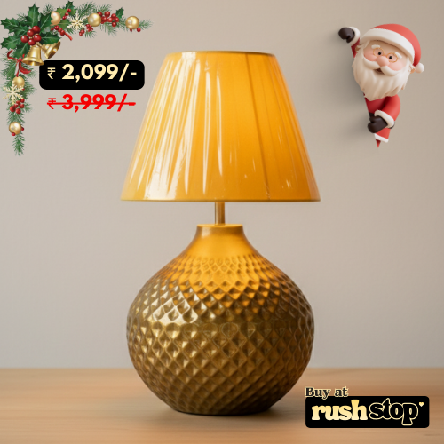 Brass Matki Table Lamp with Mustard Yellow Shade