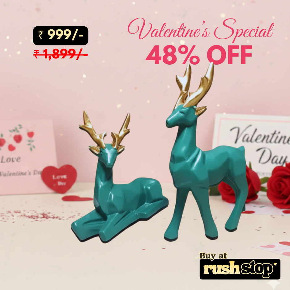 Contemporary Geometric Teal & Gold Deer Sculpture Duo