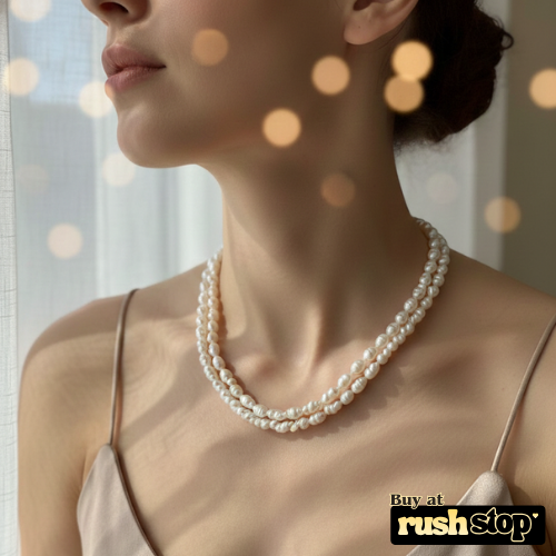 Luminous multi-strand freshwater pearl necklace with hand-selected high-luster pearls and gold-toned statement clasp.