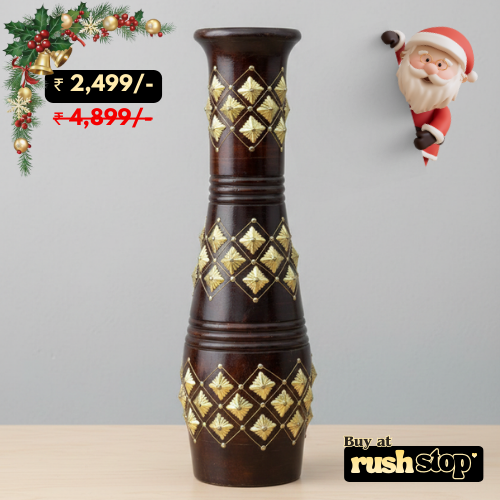 Traditional Wood & Gold Geometric Floor Vases