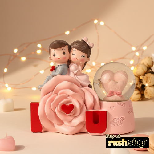 Couple Figurine on Pink Rose with Mini Crystal Ball