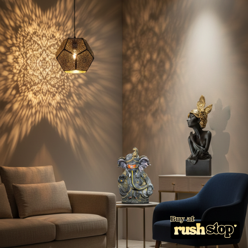 Home blessings decor set with Ganesha idol, Moroccan pendant lamp and fairy figurine