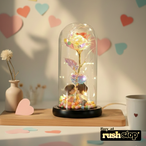 Decorative lamp with LED lights and figurines under a glass dome on a wooden surface with heart decorations in the background.