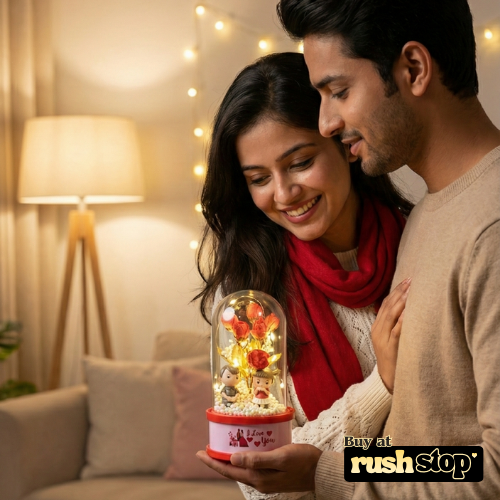 Couple holding a decorative glass ball with lights and figurines in a cozy room.