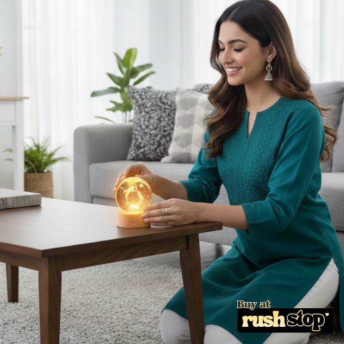 Woman in a teal dress holding a glowing orb in a living room setting with 'rushstop' branding.