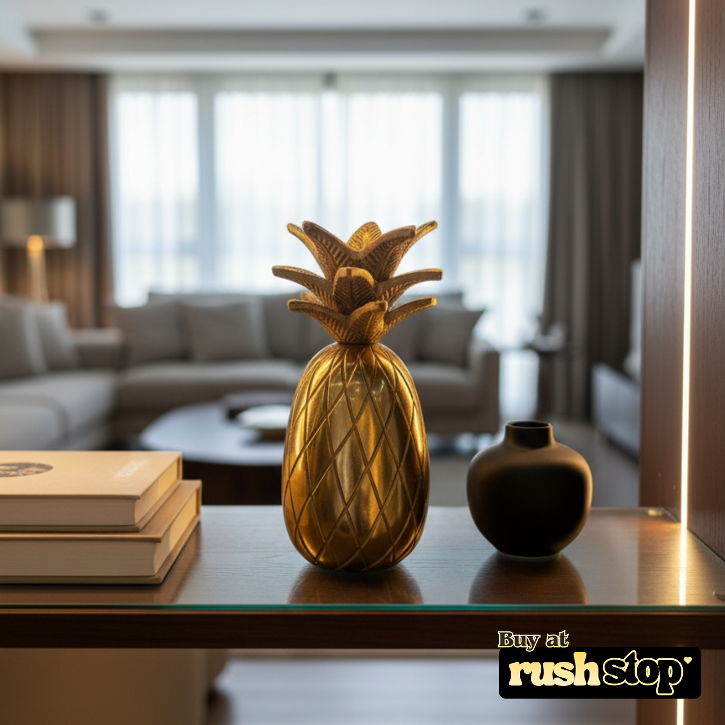 Golden pineapple table decor from Rush Stop, suited for modern resin figurine and handcrafted decor India setups.