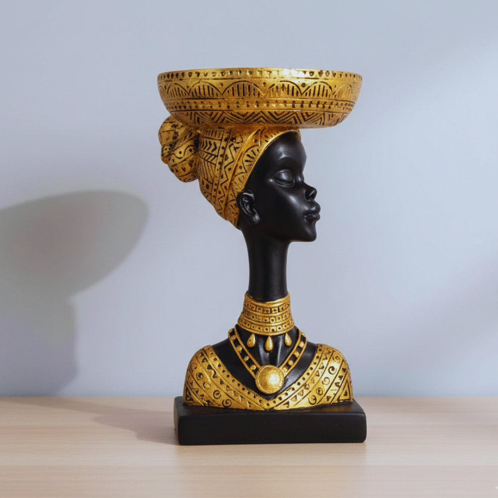 Decorative bust with gold and black details on a light background