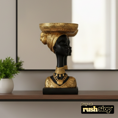 African queen bust statue with fruit basket head decor