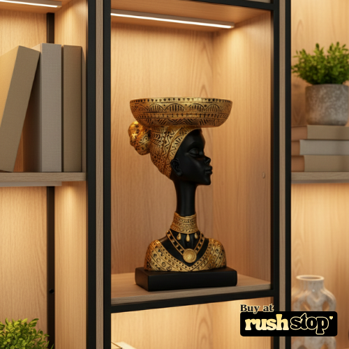 African queen bust statue with fruit basket head decor