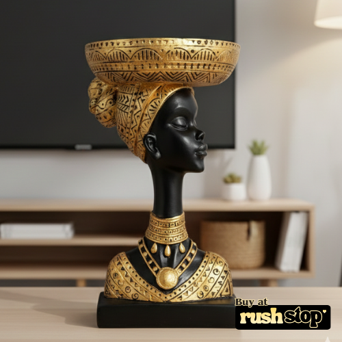 African queen bust statue with fruit basket head decor