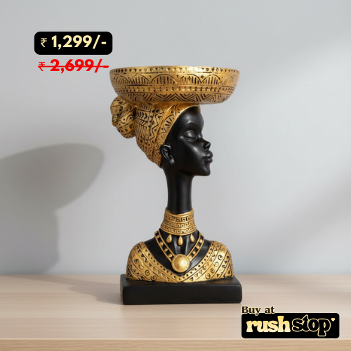 African queen bust statue with fruit basket head decor