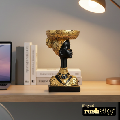 African queen bust statue with fruit basket head decor