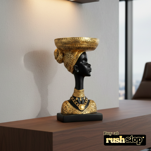 African queen bust statue with fruit basket head decor