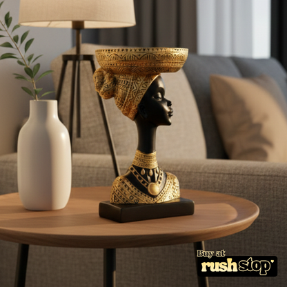 African queen bust statue with fruit basket head decor