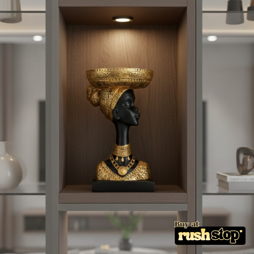 African queen bust statue with fruit basket head decor