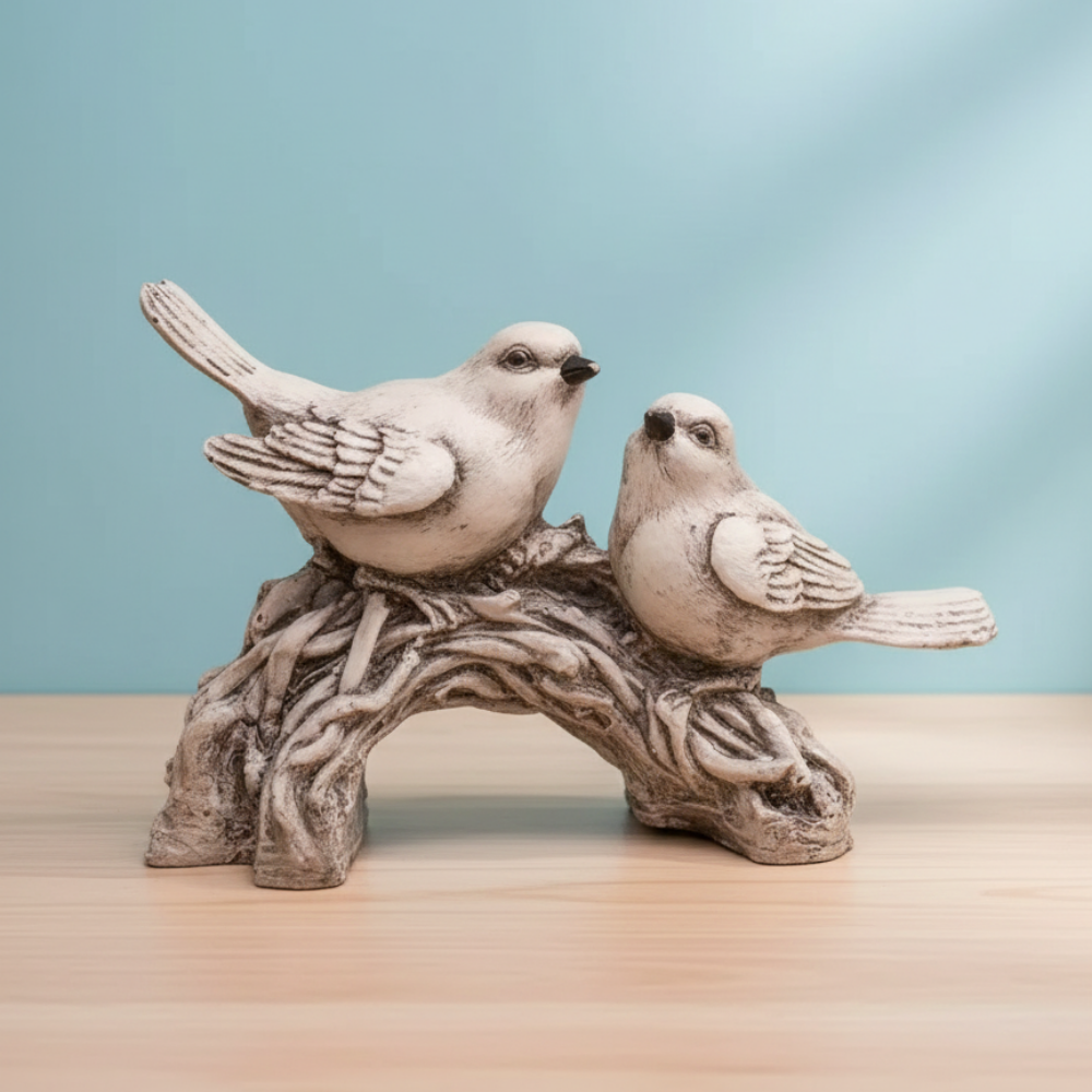 Decorative sculpture of two birds on a branch against a light blue background