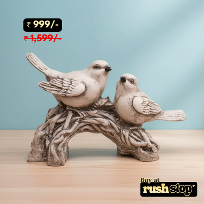 Hand-finished white bird pair figurine perched on rustic branch, vintage nature-inspired home decor showpiece
