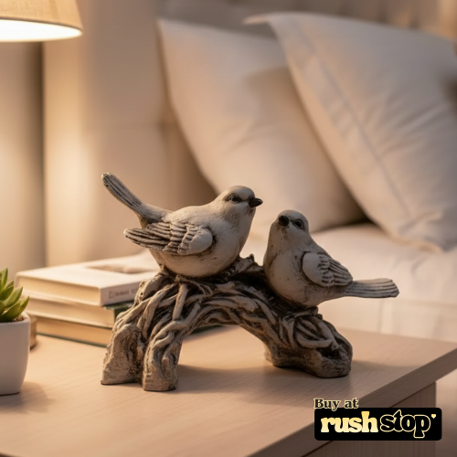 Vintage white bird figurine duo with detailed feathers and branch base for farmhouse mantel decor