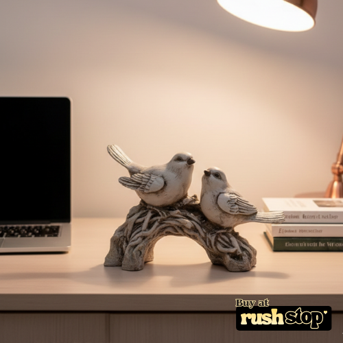 Vintage-style white bird decor statue on branch for farmhouse and cottage interiors