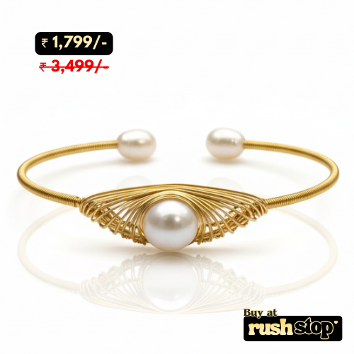 Artisanal Handcrafted Golden Natural Freshwater Pearl Wire-Wrapped Cuff Bracelet