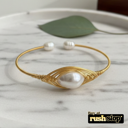 Artisanal Handcrafted Golden Natural Freshwater Pearl Wire-Wrapped Cuff Bracelet