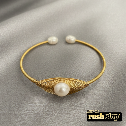 Artisanal Handcrafted Golden Natural Freshwater Pearl Wire-Wrapped Cuff Bracelet