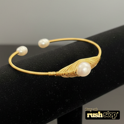 Artisanal Handcrafted Golden Natural Freshwater Pearl Wire-Wrapped Cuff Bracelet