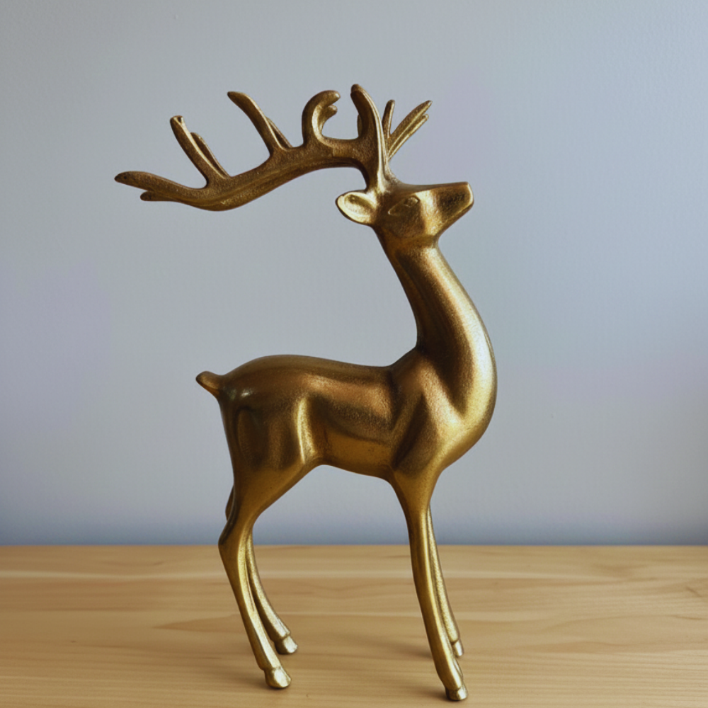Gold deer figurine on a wooden surface with a gray background