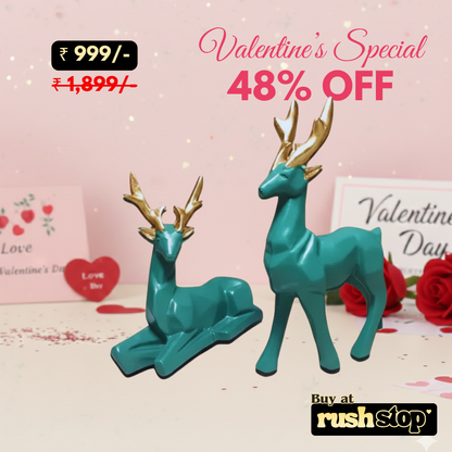 Contemporary Geometric Teal & Gold Deer Sculpture Duo