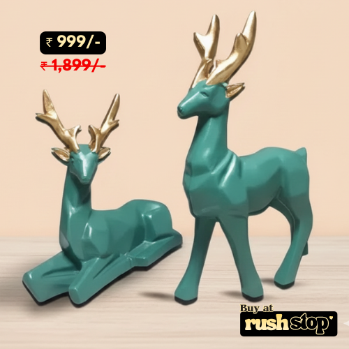 Geometric teal and gold deer sculpture duo modern home decor