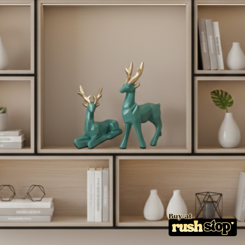 Geometric teal and gold deer sculpture duo modern home decor