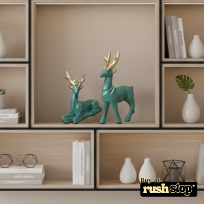 Geometric teal and gold deer sculpture duo modern home decor