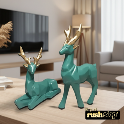 Geometric teal and gold deer sculpture duo modern home decor