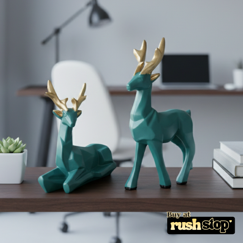 Geometric teal and gold deer sculpture duo modern home decor