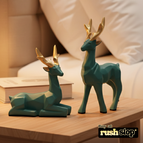 Geometric teal and gold deer sculpture duo modern home decor