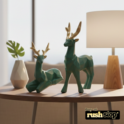 Geometric teal and gold deer sculpture duo modern home decor