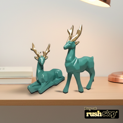 Geometric teal and gold deer sculpture duo modern home decor