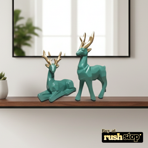 Geometric teal and gold deer sculpture duo modern home decor
