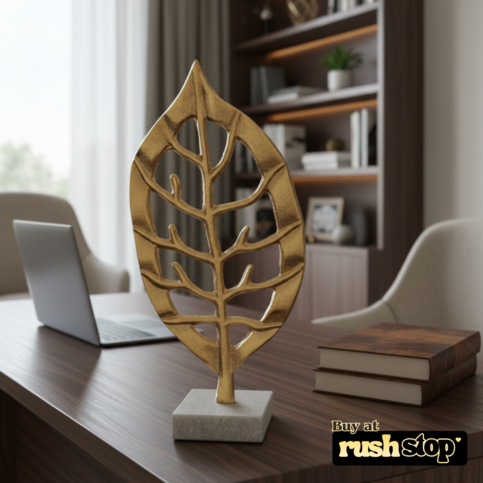 Golden aluminium decorative leaf, designer resin sculpture, handcrafted decor India, premium resin decor India – Rush Stop, free shipping home decor India.