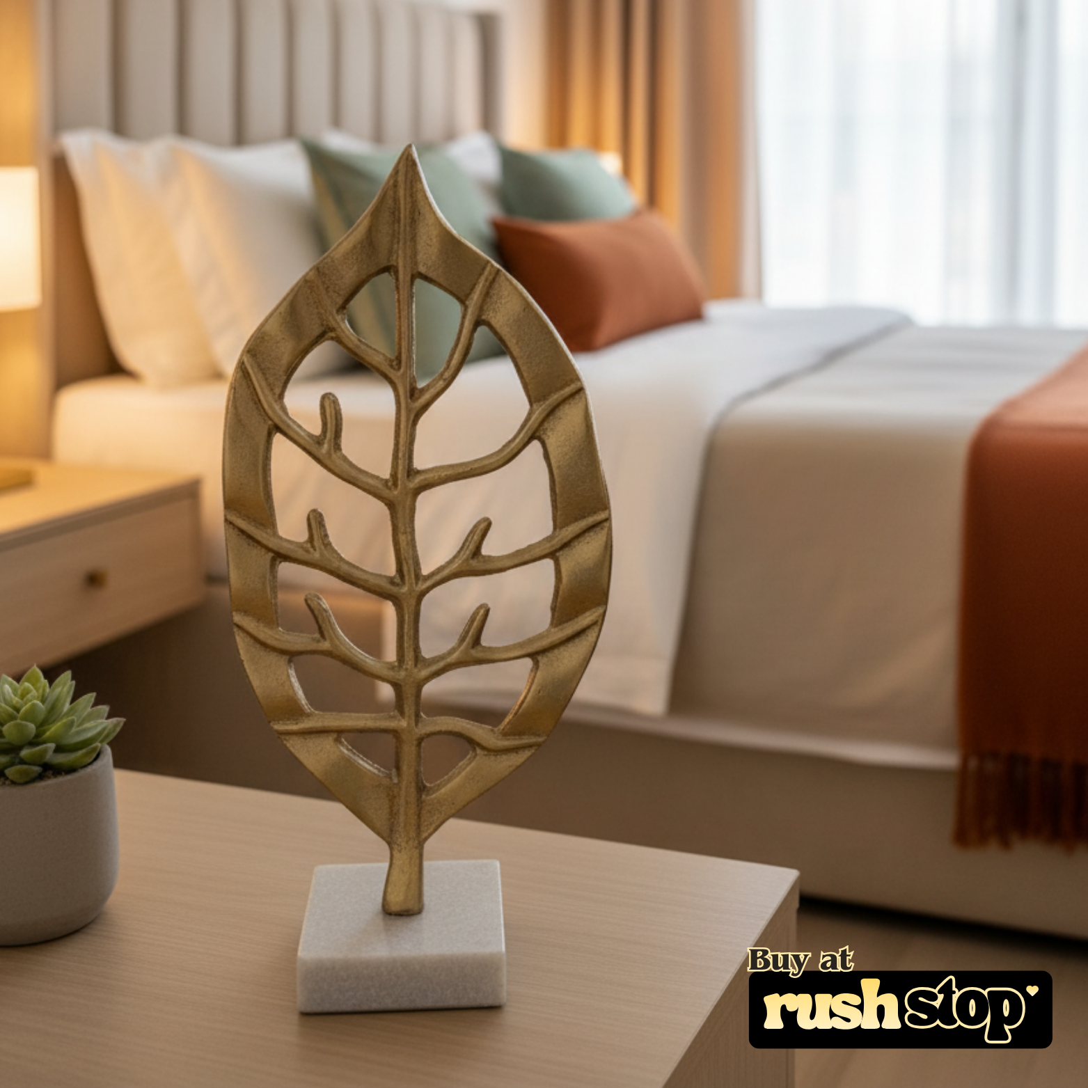 Golden aluminium decorative leaf, designer resin sculpture, handcrafted decor India, premium resin decor India – Rush Stop, free shipping home decor India.