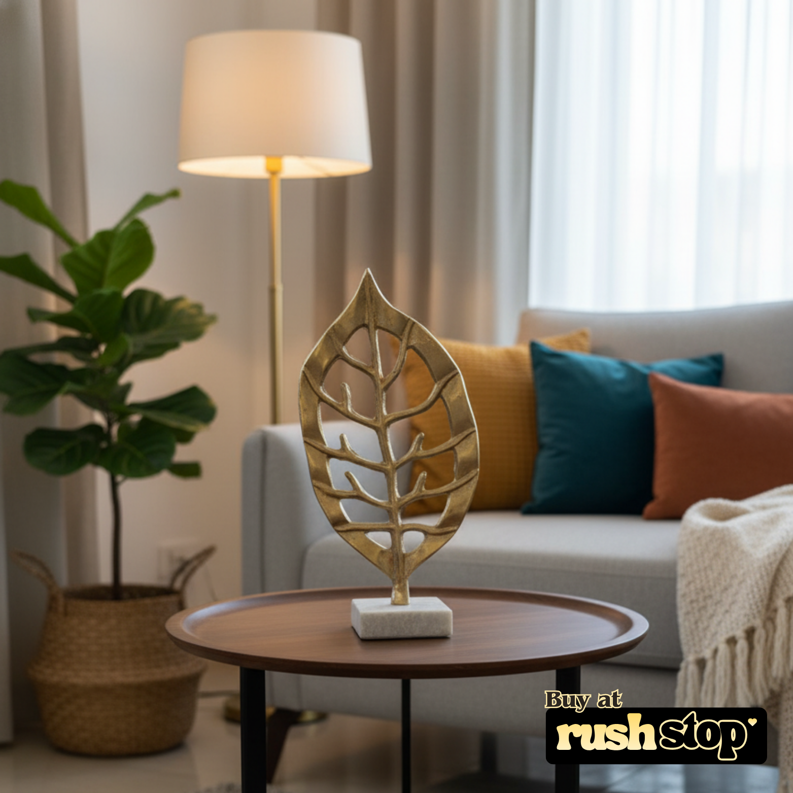 Golden aluminium decorative leaf, designer resin sculpture, handcrafted decor India, premium resin decor India – Rush Stop, free shipping home decor India.