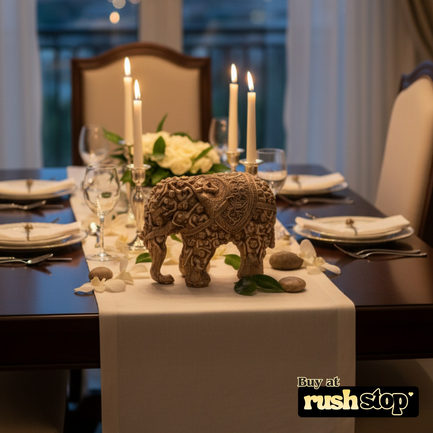 Handcrafted elephant idol showpiece, designer resin sculpture, premium resin decor India – Rush Stop, free shipping home decor India.