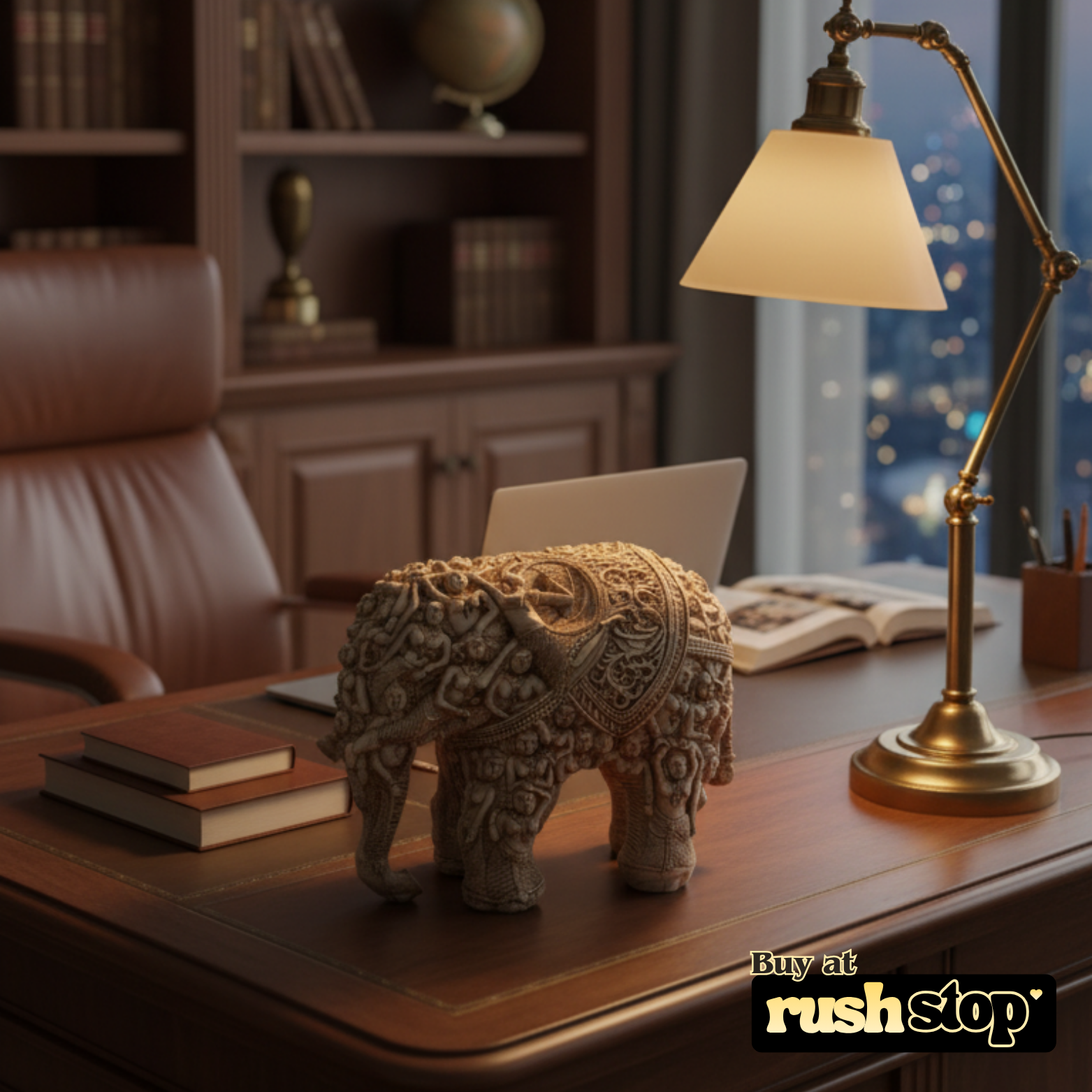Handcrafted elephant idol showpiece, designer resin sculpture, premium resin decor India – Rush Stop, free shipping home decor India.