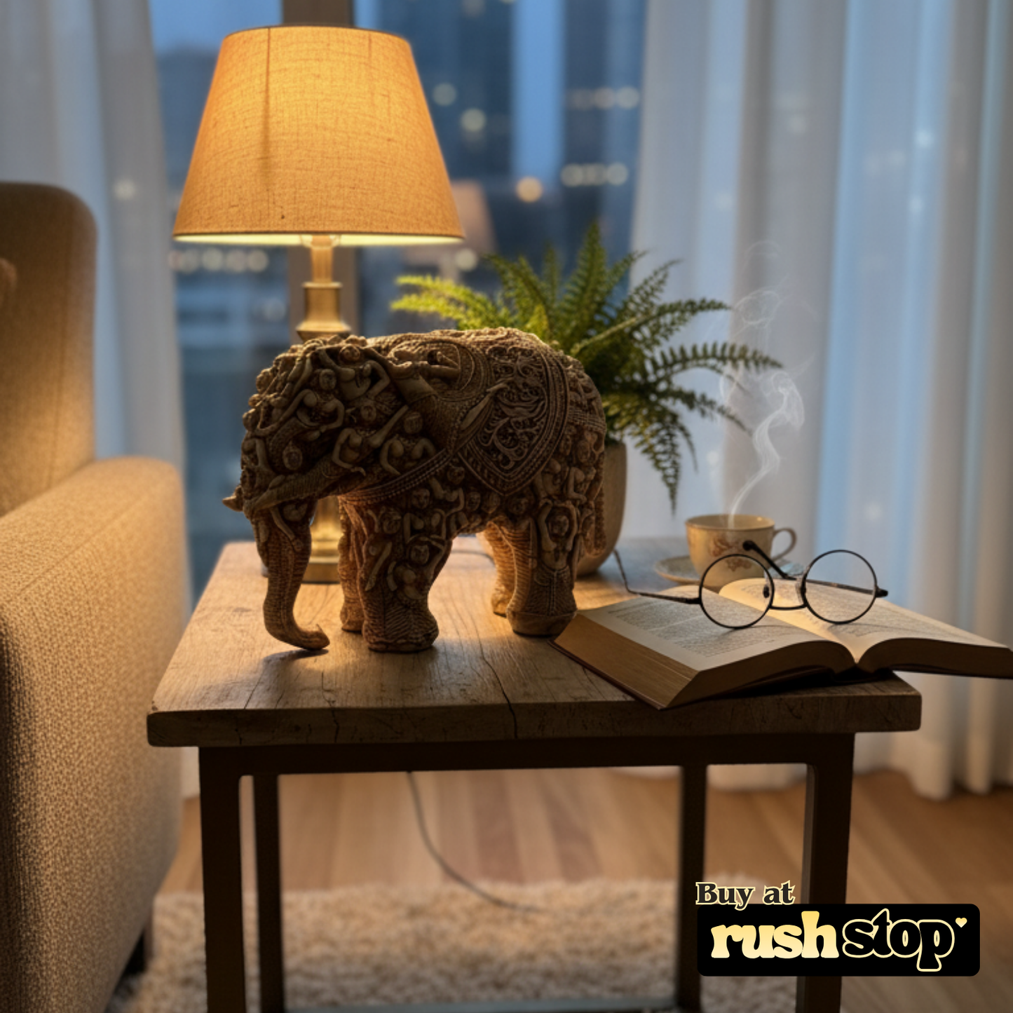 Handcrafted elephant idol showpiece, designer resin sculpture, premium resin decor India – Rush Stop, free shipping home decor India.