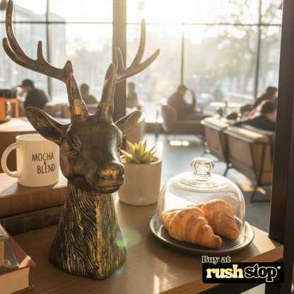 Homesake brass deer head, designer resin sculpture, handcrafted decor India – Rush Stop, free shipping home decor India.