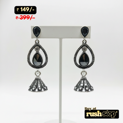 Antique FInish Black Stone Jhumka Earing Set of 2