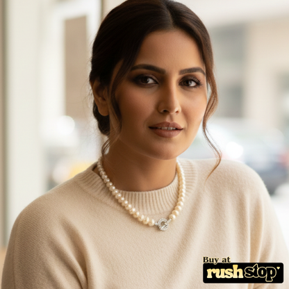 Handcrafted natural freshwater pearl necklace with creamy ivory 10mm pearls and gold-toned barrel clasp