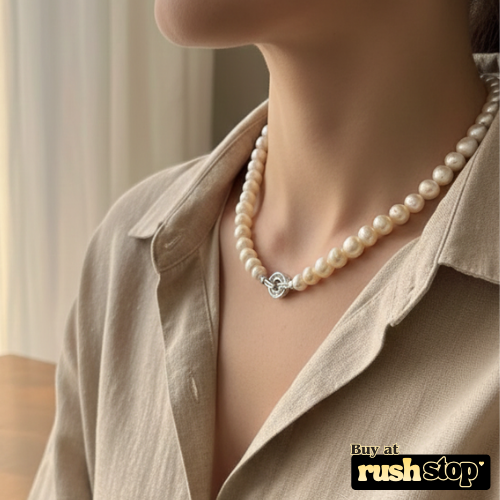 Handcrafted natural freshwater pearl necklace with creamy ivory 10mm pearls and gold-toned barrel clasp