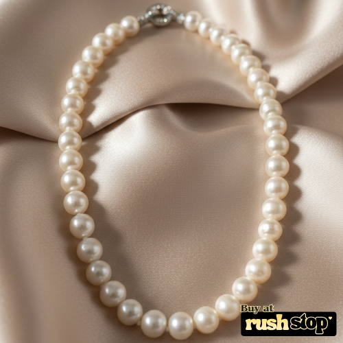 Handcrafted natural freshwater pearl necklace with creamy ivory 10mm pearls and gold-toned barrel clasp