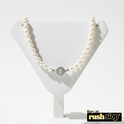 Handcrafted natural freshwater pearl necklace with creamy ivory 10mm pearls and gold-toned barrel clasp